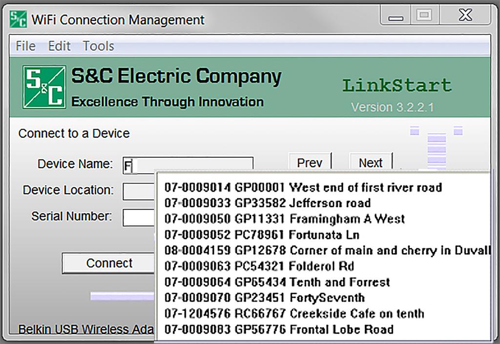 LinkStart Database Searches Typing even a single character in the Device Name field opens a drop-down list of matches.