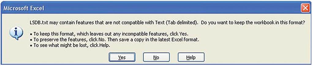 Enter LSDB.txt as the file name. Use the Save As pull-down menu to select the Text (Tab delimited) (*.txt) option and click on the Save button.
