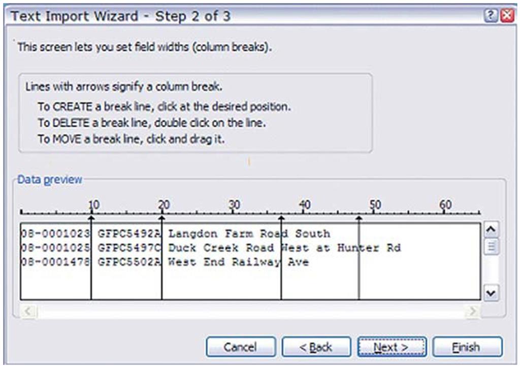 Excel File Examples Excel places rather arbitrary dividers, but these are easily changed. See Figure 110. Figure 110. TheText Import Wizard dialog box.