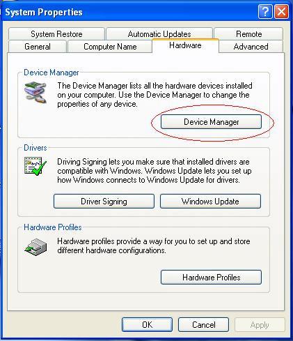 2. From the Hardware tab, click on the Device Manager button 3.