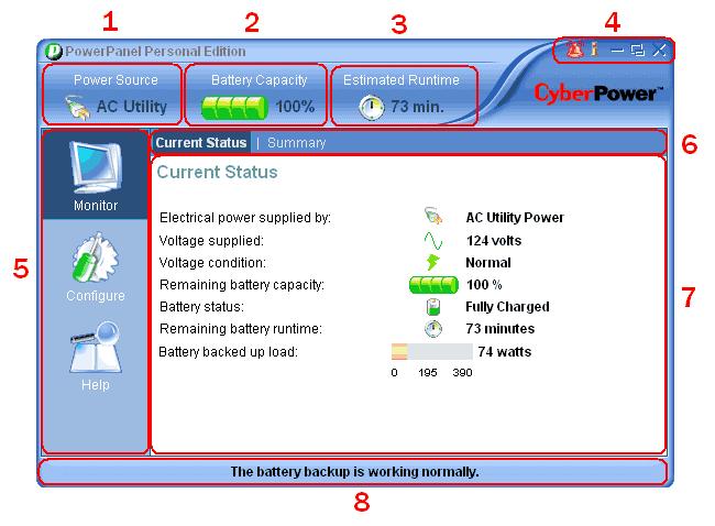 Main screen The main page of PowerPanel Personal Editions shows the following: 1.
