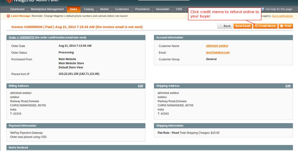 Step1- Click on Credit Memo in order s invoice page (For which payment has
