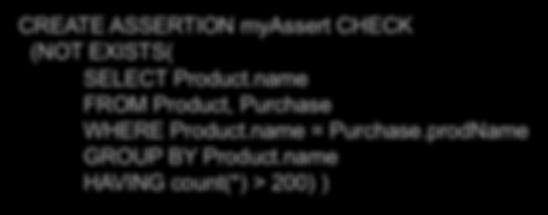 CHECK (NOT EXISTS( SELECT. FROM, WHERE. =.prodname GROUP BY.