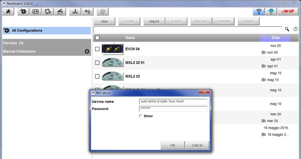 If your AiM device is protected by a password, as recommended, Race Studio 3 will then