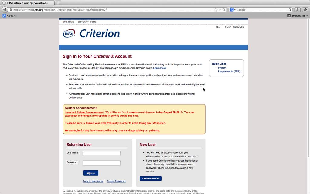 View and Submit an Assignment in Criterion Criterion is an Online Writing Evaluation service offered by ETS.