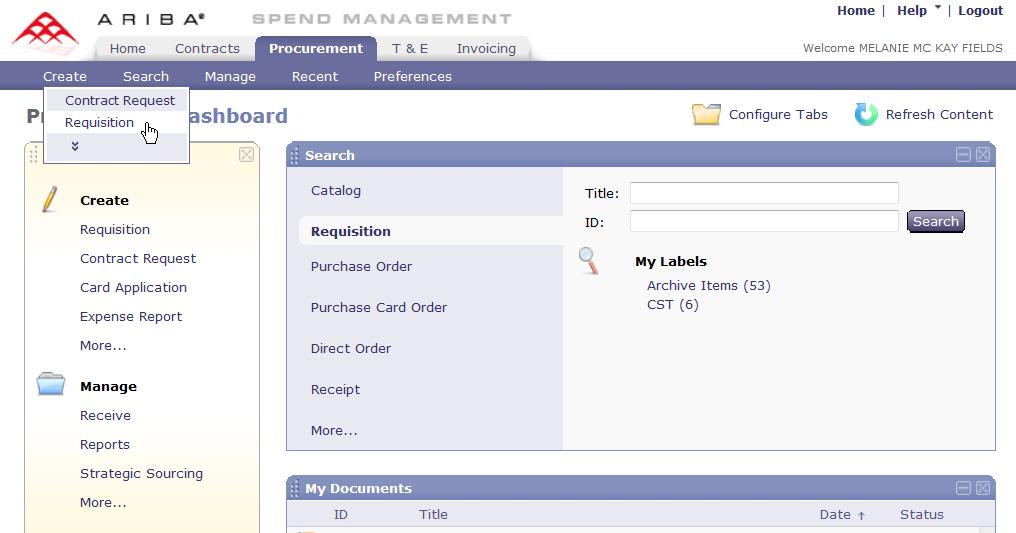 The process of creating a Non-Catalog Order is started by selecting Requisition from the Create drop-down menu.