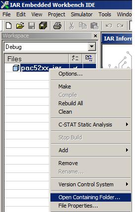 4.3 Create a New Source File Open the project directory by right-clicking on pac52xx_iar and selecting Open Containing