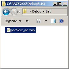 The pac52xx_iar.map file is located in the List folder where the project is saved.