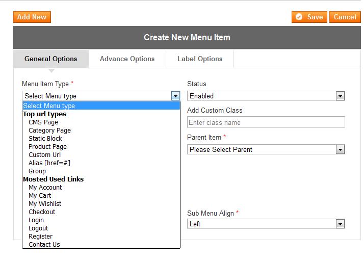Following are the list of fields which are used for create menu item with the different options.