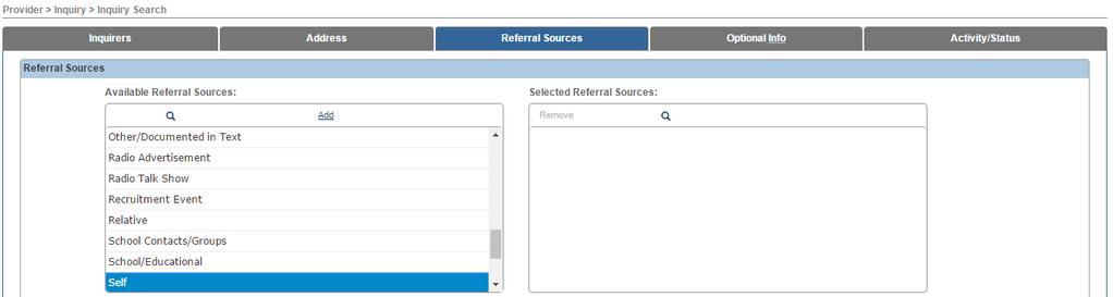 The Inquiry Search screen appears, displaying options for Referral Sources. 1. Select the appropriate option under Available Referral Sources. 2.