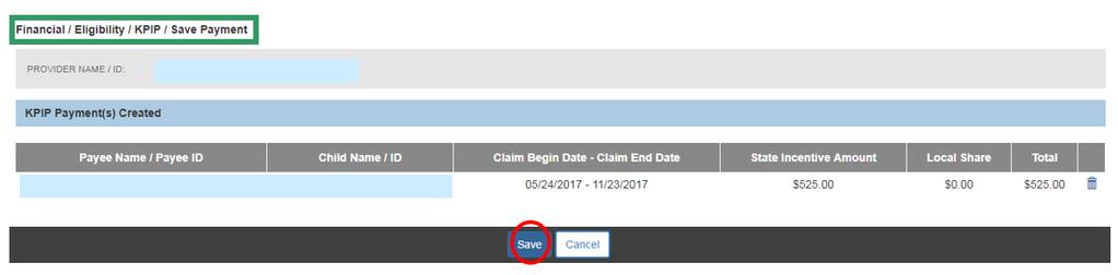 Important: There is a gray box, titled Local Share, in the KPIP Payment Information grid.