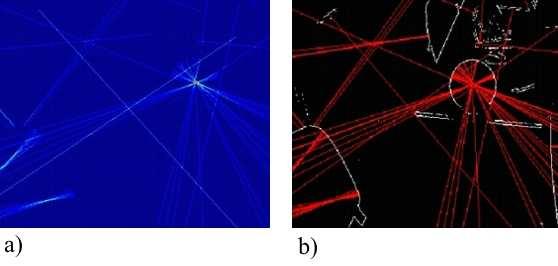 Fig. 9. a) Radial lines on parameter space. b) The same lines superimposed on the edge map.