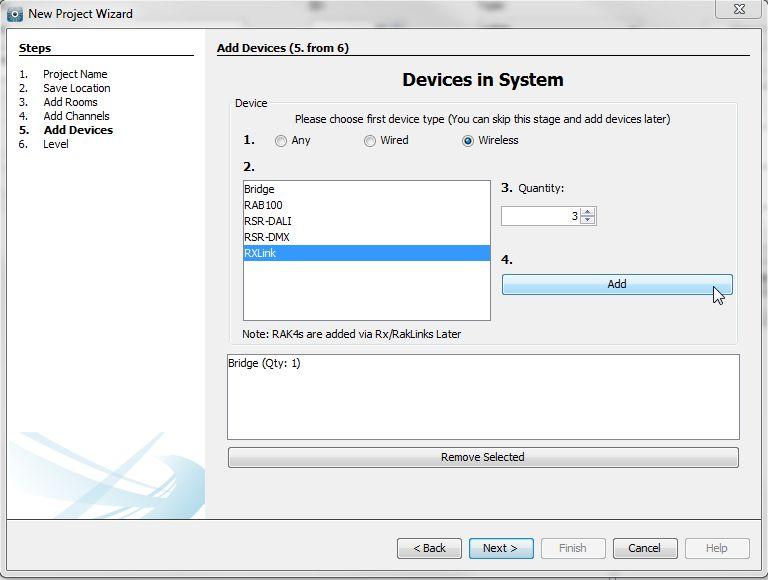 7 2.5 Adding devices The devices to be programmed are added using this page, for a wireless RAK system this will usually just be RXLinks. Select the number of RXLinks in the system and click add.