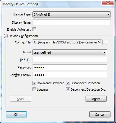 Windows Vista Figure 6.3-1: VCI3-Device-Server (2) Click once on "Add" to add a new device. Figure 6.3-2: VCI3 Device Server Modify Device Settings (3) Select the Device Type "CAN@net II".