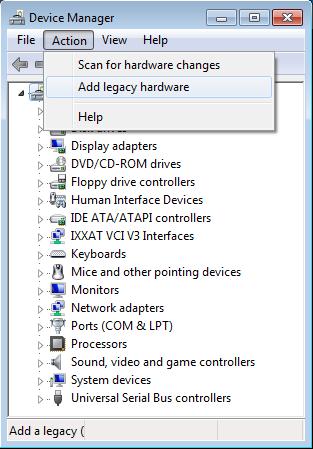Windows 7 Figure 7.2-2: Starting the device manager (2) Start the hardware assistant by selecting "Add legacy hardware" Figure 7.