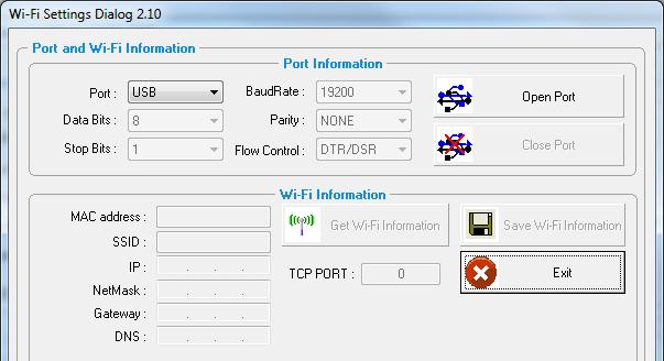 5. Select USB for the Port. 6. Click Open Port. 7. Click Get Wi-Fi Information. 8. Click OK when you see Read Completed. 9.