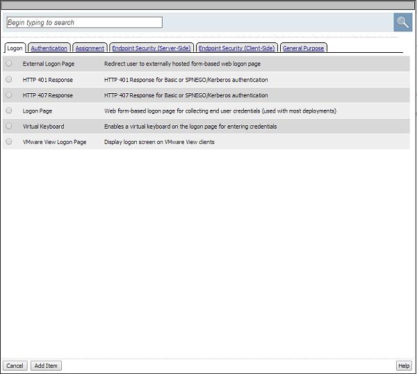 BIG-IP Access Policy Manager : Visual Policy Editor Figure 1: Add action item screen About macrocalls on the add item screen The Macrocalls tab displays when one or more macros has been added for use