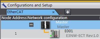 Confirm that node address 1 and E001 E3NW-ECT Rev.1.0 are added to the Network configuration on Sysmac Studio.