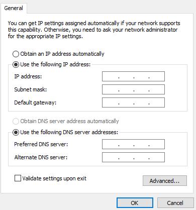 Select the radio button "Use the following IP Address" and set IP and