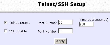 Step 1: Select Telnet/SSH Setup from the CONFIGURATION menu. Step 2: 1.