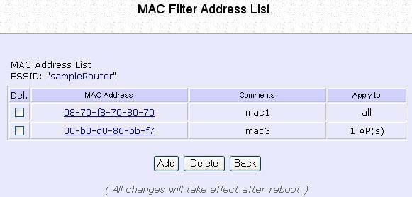 Step 3: The MAC Filter Address List page