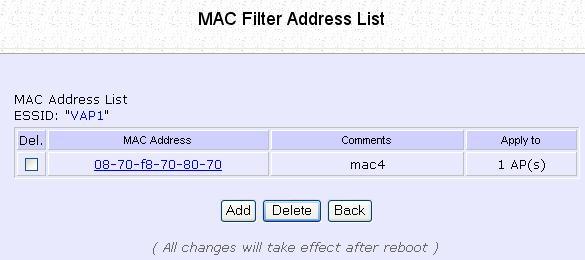 Edit MAC Address from the MAC Address List Step 1: Select MAC Filtering from WLAN Setup.