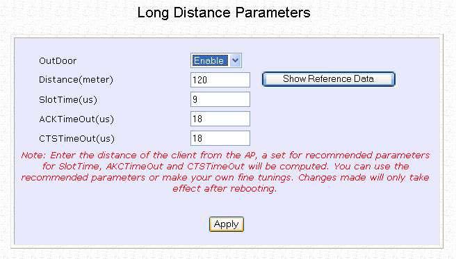 Get Long Distance Parameters The access point can calculate and display suggested values for certain parameters to use to ensure that efficient wireless communication between physically distant