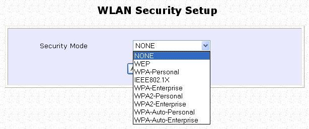 Secure your Wireless LAN Step 1: Select Security from WLAN Setup under the CONFIGURATION menu. Step 2: Make a selection from the Security Mode drop-down list.