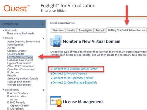 CONNECTING FOGLIGHT FOR VIRTUALIZATION TO VMWARE Procedure 1. Select the Getting Started & Administration tab, and then click Connect to a VMware Virtual Center (see Figure 25).