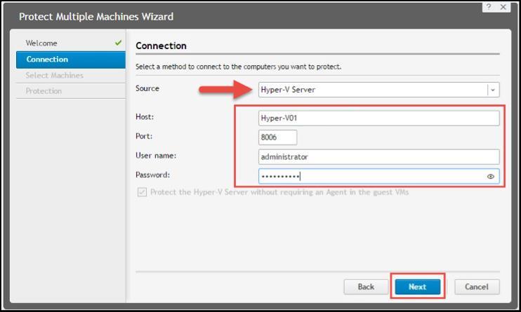 Specify the proper Hyper-V host credentials and, if desired, select the Protect the Hyper-V server without requiring an agent in the guest VMs checkbox (see Figure 14). Then click Next.