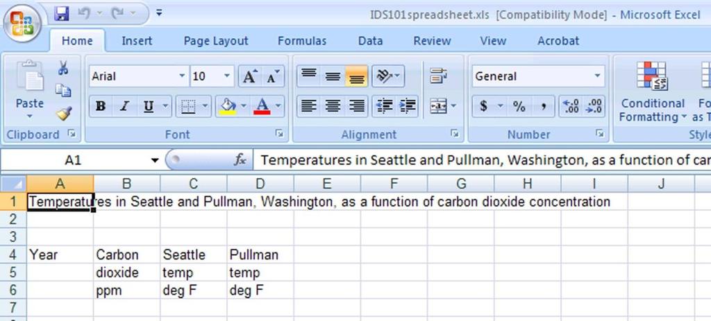 IDS 101 Introduction to Spreadsheets A spreadsheet will be a valuable tool in our analysis of the climate data we will examine this year.