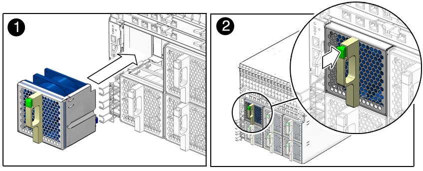 1. At the rear of the chassis, locate the fan module that you want to remove. 2. Press and hold the green button on the fan handle. 3.