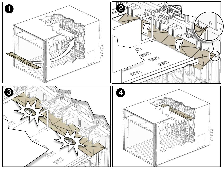 FIGURE 3-23 shows how to install the air duct. FIGURE 3-23 Installing the Air Duct 5. Replace the air duct. a. Align the air duct so that the fastening snaps are facing away from the inside of the chassis.
