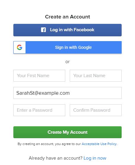 Click Create Account to fill out your details. You can register using your email address, Facebook, or Google.