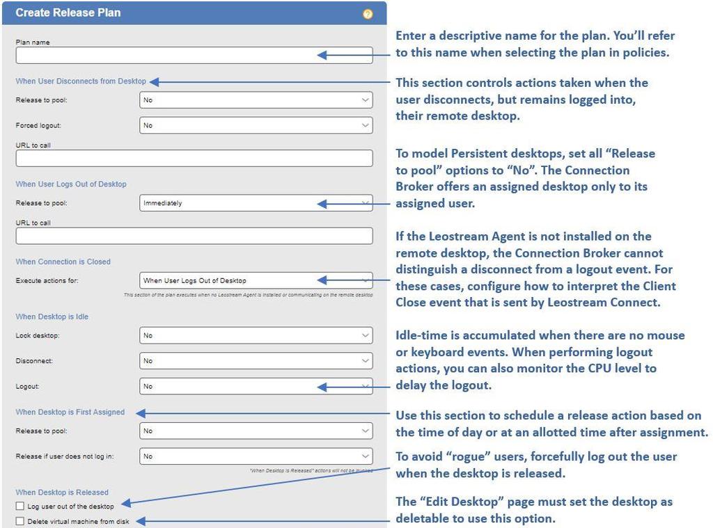 Leostream Connection Broker Administrator s Guide 2. Enter a unique name for the plan in the Plan name edit field. 3. In the When User Disconnects from Desktop section: a.