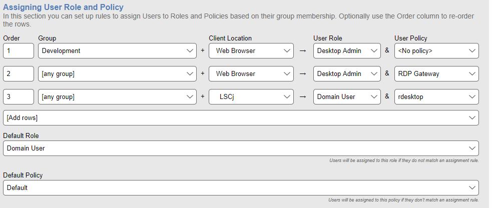 Using the Default Role and Policy Leostream Connection Broker Administrator s Guide The Default Role and Default Policy drop-down menus, shown in the following figure, specify what happens if the