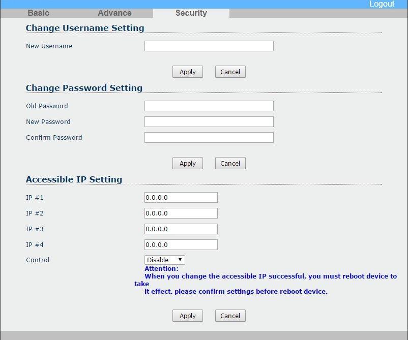 Security Page: Change Username Setting: Enter new username and apply to change.