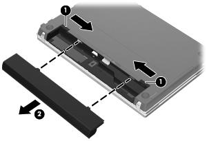 To insert the battery, follow these steps: 1. Turn the computer upside down on a flat surface, with the battery bay toward you. 2. Insert the battery into the battery bay (1) until it is seated.