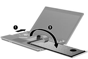 9. Remove the screws from the keyboard. 10. Slide the keyboard back toward the display (1), and then rotate it to the right side (2). CAUTION: Do not rip the keyboard cable. 11.