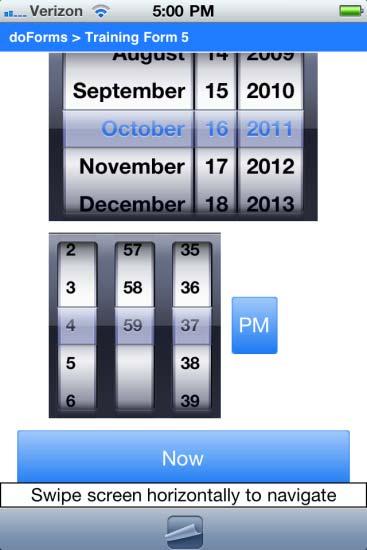 Tapping the Now button allows you to quickly synchronize with the current Date:Time on your mobile device.