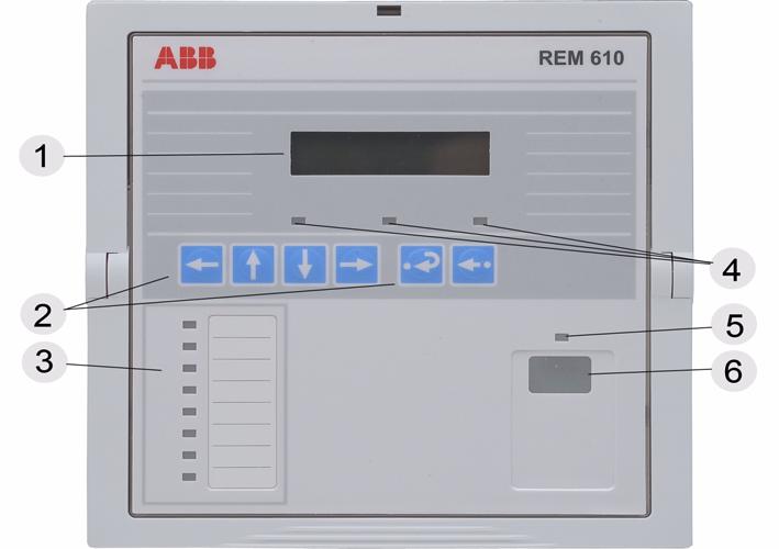 1MRS 752264-MUM 3. Instructions 3.1. HMI features 3.1.1. Front panel The front panel of the protection relay includes: an alphanumeric 2 x 16 characters LCD with backlight and automatic contrast