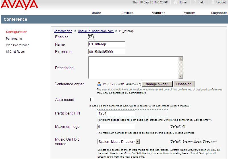4.9. Configure conference on SCS server This section describes how to configure the conference on the SCS server. Access webpage of SCS server. Click on Features Conferencing.