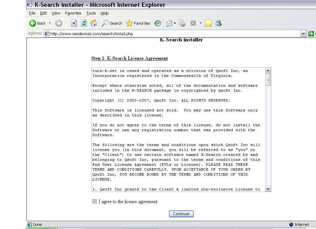 4. Running Installation Wizard Step 1 of 3: K-SearchLicense Agreement To start the installation process, run install.php from your k-searchdirectory trough a web browser. For example, url: www.