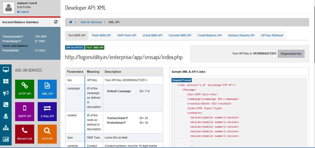 supprted Credit Balance API- nly get supprted Delivery Reprt API nly get supprted API Key