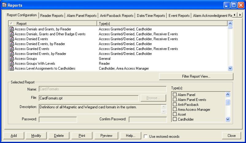 5: Reports Folder Each of these reports can be configured so that a password must be supplied before the report can be generated.