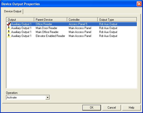 Alarm Monitoring User Guide Device Output Properties Window You can display the Device Output Properties window using Action Group Library, Scheduler, Acknowledgment Actions, or Global I/O.