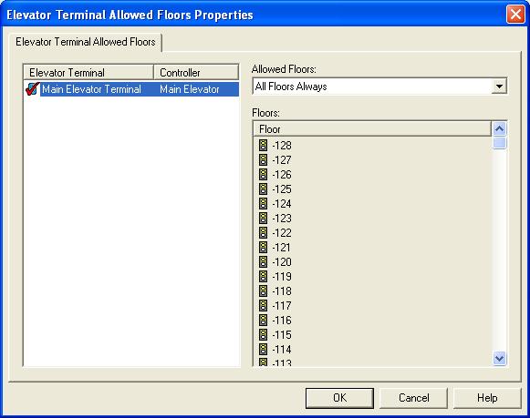 Alarm Monitoring User Guide Elevator Terminal Allowed Floors Properties Window You can display the Elevator Terminal Allowed Floors Properties window using the Action Group Library, Scheduler, Guard