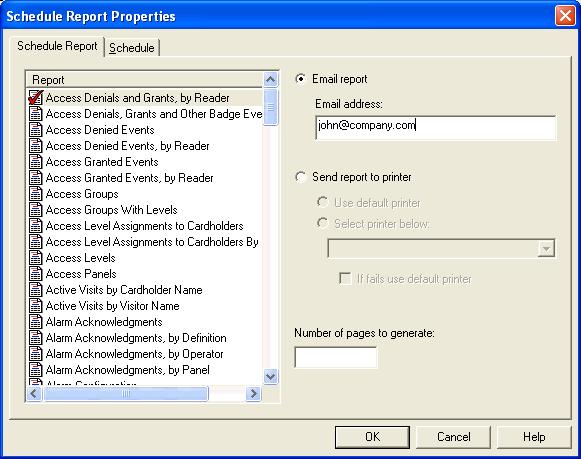 A: Actions Schedule Report Properties Window The Schedule Report action type allows the user to either print a report or send a report in an email.