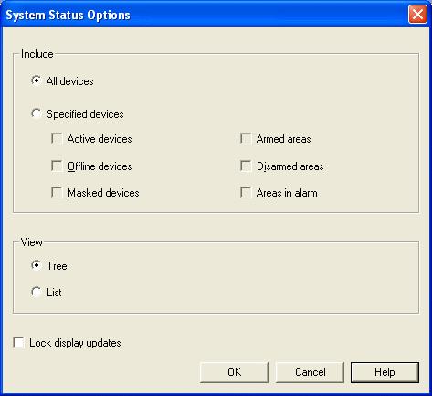 4: Set Alarm Monitoring Display Options Button/field All devices Specified devices Description Displays all the devices (active, offline) in the System Status window.