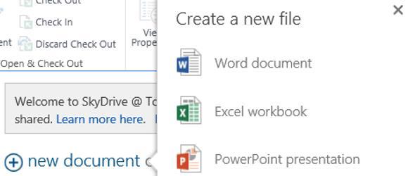 Working with Word in Office 365 Web Portal and Opening in Word 2013 (Applicable to Excel, PowerPoint, and OneNote) 1. Click on + new document and select the file type you wish to create.